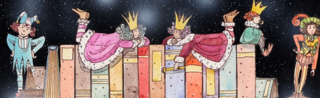 Immagine di menestrelli e di libri (Per leggerne la descrizione proseguire nel link). Al centro della scena si vede una fila di libri sui cui sono sdraiati, a pancia sotto ed uno davanti all'altro, due piccoli personaggi caratterizzati dal capo cinto da corona regale. Indossano due vesti rosse orlate di pelliccia e tengono le gambe alzate a squadra mentre le braccia sono ripiegate sotto il mento. Sulla destra, seduto sui libri, un altro piccolo menestrello, con corona in testa e ciuccio in bocca. Ai lati, giullari in figura intera. Cielo notturno stellato sullo sfondo.