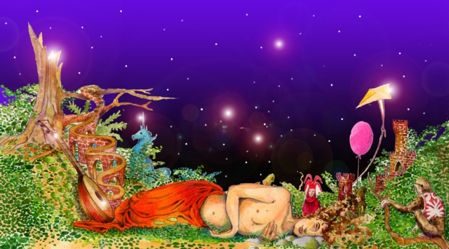 Immagine di un menestrello addormentato (Per leggerne la descrizione proseguire nel link). In figura intera un menestrello addormentato su di un fianco. E' a torso nudo, coperto solo da un panneggio rosso. Attorno a lui un giardino popolato da creature fatate: gnomi, un unicorno ed altri piccoli esseri. Non lontano dal menestrello un mandolino appoggiato su di un tronco.