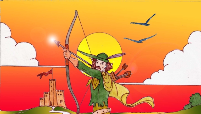 Immagine di Robin Hood (Per leggerne la descrizione proseguire nel link). Robin tira con l'arco. Il braccio sinistro disteso impugna l'arco mentre il destro è piegato per scoccare la freccia. Robin è vestito di verde e indossa un cappello con una piuma. Dietro di lui, sullo sfondo, un castello ed un cielo rosso al tramonto.