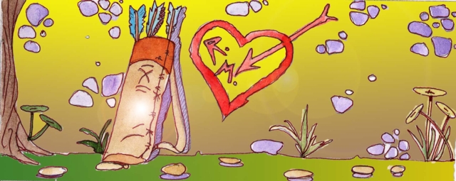 Immagine della faretra di Robin con le frecce (Per leggerne la descrizione proseguire nel link). Si vede una faretra poggiata al muro su cui è disegnato un cuore trafitto al cui interno vi sono le iniziali RM (Robin e Marion). Ai lati, il tronco di un albero e diversi cespuglietti d'erba.