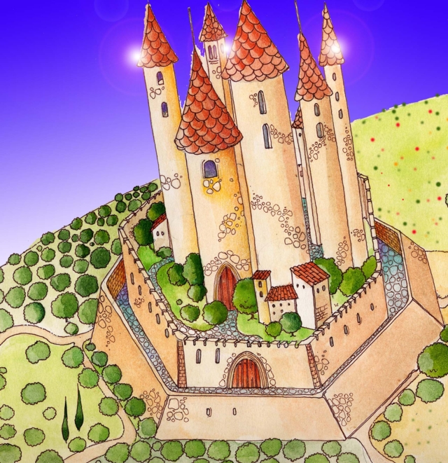 Immagine del Castello di Nottingham (Per leggerne la descrizione proseguire nel link). Il castello visto dall'alto composto da sette grandi torri, protette da due perimetri di mura di cinta. Tutto attorno si vedono campi verdi e molti alberi.
