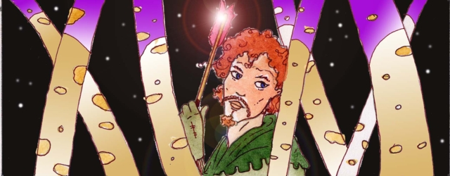 Immagine di Robin nel bosco (Per leggerne la descrizione proseguire nel link). Si vede Robin a mezzo busto tra i tronchi degli alberi di Sherwood. Ha uno sguardo molto guardingo e con la mano sinistra tiene una freccia. Dietro gli alberi, la notte.