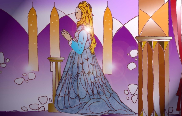 Immagine di Marion (Per leggerne la descrizione proseguire nel link). Si vede una fanciulla bellissima, in figura intera, vestita con un ampio abito, lungo fino ai piedi, di colore azzurro. Ha i capelli lunghi e biondi. La vediamo di profilo. Tiene le mani giunte  e si trova in un interno (con diverse finestre ad arco acuto); forse si tratta di una chiesa.