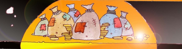 Immagine di monete d'oro e sacchi contenenti denaro (Per leggerne la descrizione proseguire nel link). Si vede un bottino di Robin ovvero tolto agli esattori di Giovanni Senzaterra.