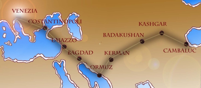 Immagine di una carta geografica che rappresenta il viaggio di andata di Marco Polo (Per leggerne la descrizione proseguire nel link). Sulla carta è tracciato un itinerario che collega le antiche località di: Venezia, Costantinopoli, Laiazzo, Bagdad, Ormuz, Kerman, Badakushan, Kashgar, Cambaluc.