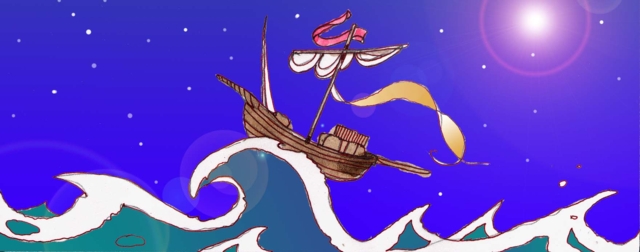 Immagine di una veliero tra le onde di un mare in tempesta (Per leggerne la descrizione proseguire nel link). Si vede un veliero che risale la cresta di un'onda molto ripida. Sullo sfondo, un cielo puntellato da stelle.
