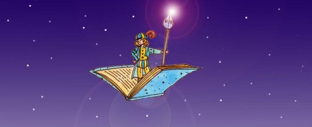 Immagine di un libro in volo per il cielo (Per leggerne la descrizione proseguire nel link). Si vede un libro aperto che vola in un cielo stellato. Sul libro, un piccolo omino che tiene un pennino, più alto di lui, a mo' di bastone. E' la rappresentazione simbolica del Milione... libro viaggiante che narra, appunto, di viaggio.