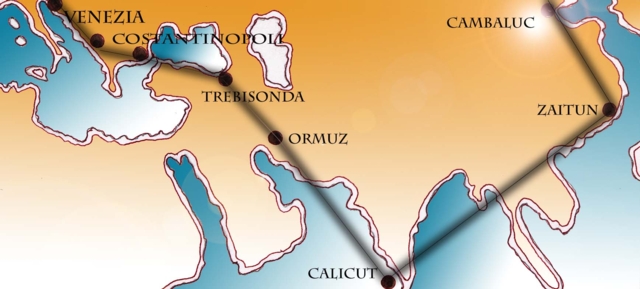 Immagine di una carta geografica che rappresenta un itinerario compiuto dai mercanti della famiglia Polo per tornare in patria (Per leggerne la descrizione proseguire nel link). Sulla carta è tracciato un itinerario che collega le antiche località di: Cambaluc, Zaitun, Calicut, Ormuz, Trebisonda, Costantinopoli, Venezia.