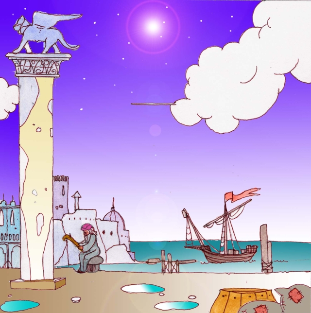 Immagine di una rappresentazione simbolica di Venezia (Per leggerne la descrizione proseguire nel link) Si vedono il mare ed un veliero visti da un pontile su cui vi è una colonna sormontata da un leone alato (simbolo di Venezia). Su di un punto di ormeggio vi è un personaggio, seduto, che legge un rotolo di pergamena. A sinistra, sullo sfondo, il profilo della città con la cupola di San Marco.