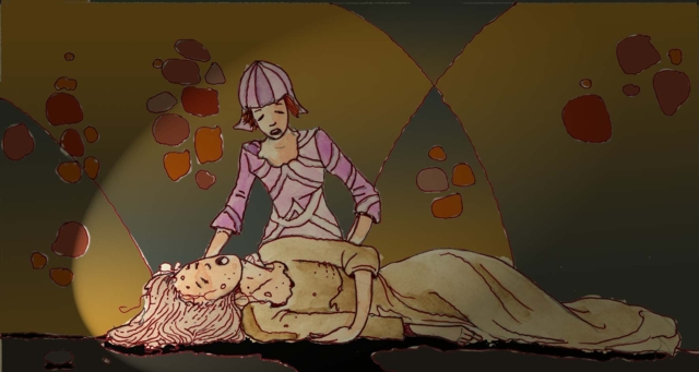 Immagine di due donne (Per leggerne la descrizione proseguire nel link). Si vede una donna malata, in figura intera, sdraiata sul pavimento. Ha un'espressione di forte dolore sul volto, la bocca aperta. I capelli sono scompigliati e all'indietro. Indossa un abito lungo ed è a piedi scalzi. Il braccio destro è disteso mentre il sinistro è piegato, con la mano sotto il gomito destro. Dietro di lei, un'altra donna, leggermente piegata sul suo corpo sembra assisterla. Indossa un vestito ed un cappellino di colore violetto.