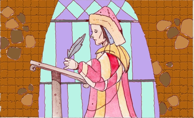 Immagine di Boccaccio, intento a scrivere (Per leggerne la descrizione proseguire nel link) Si vede il poeta al leggio, di profilo. Impugna con la mano sinistra una bella piuma d'oca. E' vestito con degli ampi e colorati vestiti (a spicchi di colore rosso e crema) Il copricapo, a mo' di cappuccio, è dello stesso colore. Dietro di lui si apre un'ampia finestra a forma arcuata. La vetrata è composta da vetri di colore turchese e violetto.