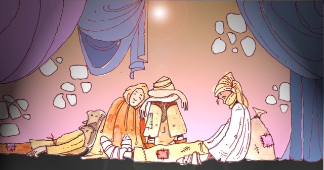  Immagine di malati di peste (Per leggerne la descrizione proseguire nel link). Si vedono diversi malati vestiti di stracci. In mezzo alla scena, in primo piano, un malato con la schiena appoggiata ad un sacco. Ha diverse bende, una che gi ricopre la bocca, una sulla testa e fasce ai piedi e alle mani. Dietro di lui altri tre corpi. Da sinistra a destra: un uomo sdraiato, con il volto coperto da un cappello, appoggiato ad una donna, vestita con una saio ed un cappuccio sulla testa, la quale è piegata verso un altro uomo seduto e con il busto riverso sulle ginocchia piegate a squadra. Dei drappi completano i lati dell'immagine.