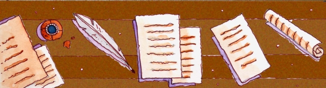 Immagine di fogli di pergamena e piume d'oca (Per leggerne la descrizione proseguire nel link) Si vedono in fila sul piano di un tavolo di legno, da sinistra verso destra: alcuni fogli scritti, un calamaio, una piuma d'oca, un altro gruppetto di fogli sparsi, una pergamena arrotolata.