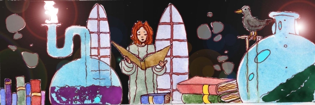 Immagine del laboratorio della strega (Per leggerne la descrizione proseguire nel link). Si vede al centro una donna, in piedi, che tiene aperto un libro di grande formato. In primissimo piano una serie di ampolle e di libri e anche un uccellino seduto su una provetta. Sullo sfondo della stanza si aprono due finestre ad arco acuto.
