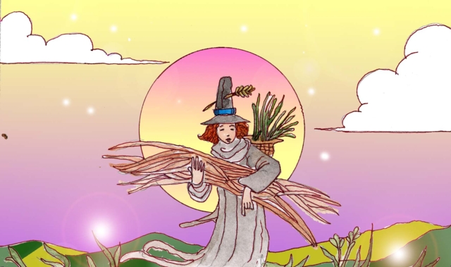 Immagine di una donna in campagna (Per leggerne la descrizione proseguire nel link). Si vede una donna, con un cappello a cono a falde larghe e un saio grigio che risale un sentiero tra i campi verdi. Sul cappello è infilzata una spiga; tra le braccia tiene una fascina di rami e dalle spalle si vede una giara di vimini piena di erbe. La sua figura è incorniciata allo sfondo da un grande sole al tramonto tra due nuvolette bianche sui lati sinistro e destro del cielo.