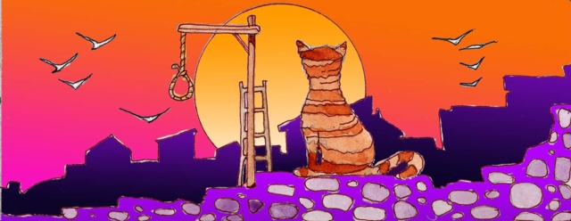 Immagine del gatto Ziggy su panorama di città (Per leggerne la descrizione proseguire nel link). Si vede il gatto di spalle che guarda di lontano la città. Di questa si vedono i tetti, su uno sfondo di cielo al tramonto mentre in primo piano un patibolo, qui attrezzato con una forca con accanto una scala di legno.