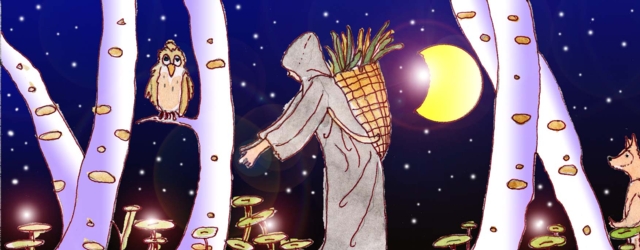 Immagine di una donna, coperta interamente da  una tunica grigia, nel bosco (Per leggerne la descrizione proseguire nel link). Si vede la donna con una giara di vimini sulle spalle, ricolma di erbe. Ha le braccia protese in avanti, come se il carico sulle spalle fosse molto pesante. Attorno diversi tronchi di albero su cui si vede in figura intera una civetta seduta su un ramo. Sul lato destro un lupo e sullo sfondo un cielo stellato con una grande luna a tre quarti.