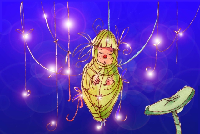 Immagine del bruco Bacca (Per leggerne la descrizione proseguire nel link) Sullo sfondo di un cielo puntellato di stelle, penzola il bruco da un capo di un filo, in una specie di ricamo di fili di seta, tutto fasciato dalle foglie. Sembra un neonato. Sulla destra, in basso, si vede un foglia tonda sorretta da uno stelo.