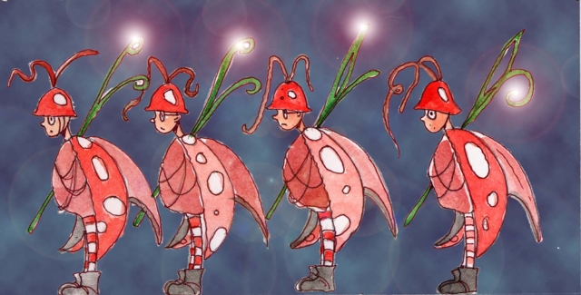 Immagine di quattro coccinelle in fila (Per leggerne la descrizione proseguire nel link) Si vedono quattro coccinelle nella stessa posizione di marcia, con la gamba destra alzata. Indossano un casco rosso e sono armate da un arbusto che tengono sul lato destro. Il corpo ha le sembianze da coccinella, con classica livrea rossa da cui fuoriescono gli arti.