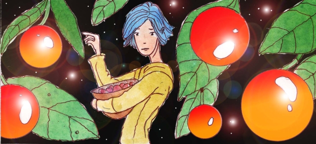 Immagine di Nemo che raccoglie le ciliegie (Per leggerne la descrizione proseguire nel link) Con un cestino di vimini la bambina spicca le ciliegie dagli alberi i cui frutti e fogliame sono tutto attorno. Sullo sfondo un cielo stellato notturno.