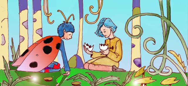 Immagine di Frank, Nemo e l'uovo dal guscio rotto (Per leggerne la descrizione proseguire nel link) Si vede la bambina di profilo, in ginocchio, con le gambe ripiegate ed i piedi sotto i glutei. Tiene nelle mani le due parti del guscio dell'uovo. Davanti a Nemo Frank Coccino, analogamente seduto, con le ampie ali da coccinella e, leggermente proteso in avanti. E' intento ad ispezionare il guscio. Tutto attorno, tronchi d'albero e fogliame.