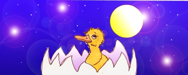 Immagine del papero Martino nell'uovo, appena schiuso (Per leggerne la descrizione proseguire nel link) Si vede il papero in mezzo busto, dentro il guscio dell'uovo aperto. Ha un piumaggio arruffato di colore giallo e il becco arancione. Sullo sfondo la luna gialla e il cielo notturno puntellato di stelle.