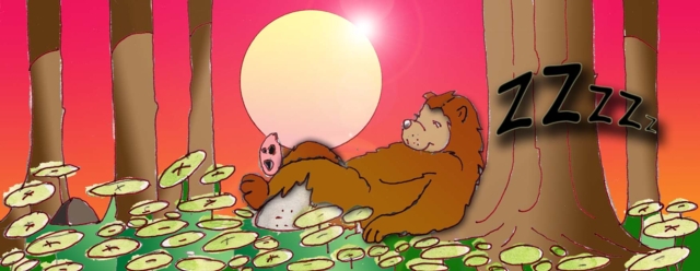 Immagine di un orso addormentato (Per leggerne la descrizione proseguire nel link) Si vede un orso disteso e addormentato, con la schiena appoggiata ad un albero. Ha le zampe posteriori leggermente sollevate perché poggiano su di un masso. Sullo sfondo un cielo violetto con la luna e il fumetto ZZZZZZ ad indicare lo stato di sonno dell'animale.