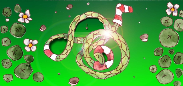 Immagine di un serpente in letargo (Per leggerne la descrizione proseguire nel link) Si vede un serpente attorcigliato a spirale. All'estremità della coda indossa un calzino mentre dall'altro capo, un cappuccio. Entrambi sono a righe bianche e rosse. Il serpente è su un prato visto dall'alto. Si vedono una serie di foglie e di fiorellini bianchi 