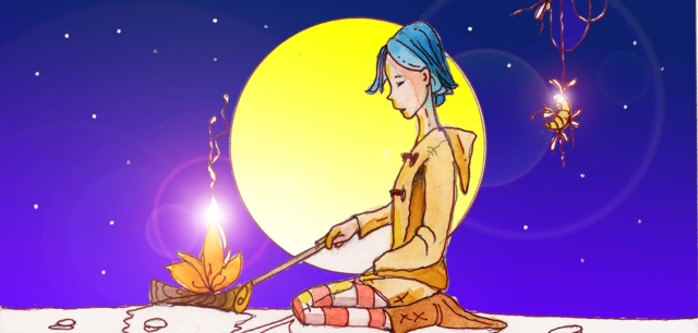 Immagine di Nemo al chiaro di luna (Per leggerne la descrizione proseguire nel link) Si vede la bambina in figura intera di profilo, in ginocchio. E' davanti ad un piccolo falò. Il braccio destro è proteso in avanti per muovere le fiammelle con un bastoncino. Sulla sua destra, un piccolo baco si penzola su un filo, sospeso dall'alto. Sullo sfondo, un cielo notturno al plenilunio.
